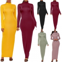 Fashion Solid Color Long Sleeve High Collar Slim Fit Dress