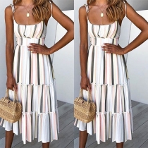 Sexy Backless High Waist Sling Striped Dress(It falls small)