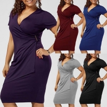 Sexy V-Neck Short Sleeve Solid Color Slim Fit Dress