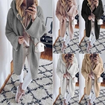 Fashion Solid Color Long Sleeve Hooded Knit Cardigan 