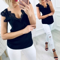 Sexy Lace Spliced V-neck Sleeveless Solid Color Top