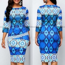 Fashion 3/4 Sleeve Round Neck Slim Fit Printed Dress