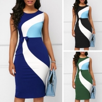 OL Style Sleeveless Round Neck Contrast Color Slim Fit Dress