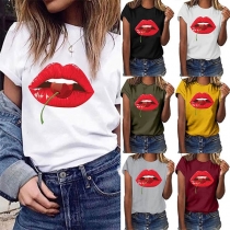 Fashion Red-lip Printed Short Sleeve Round Neck T-shirt