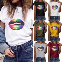Fashion Colored Lip Printed Short Sleeve Round Neck T-shirt