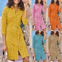 Fashion Long Sleeve POLO Collar Dost Printed Shirt Dress