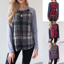 Fashion Contrast Color Long Sleeve Round Neck Plaid T-shirt 