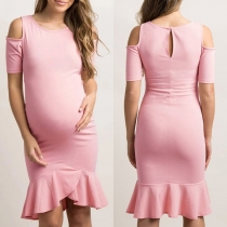 Sexy Off-shoulder Ruffle Hem Solid Color Maternity Dress