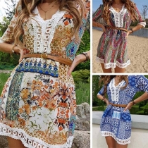 Fashion Half Sleeve V-neck Lace Spliced Printed Dress