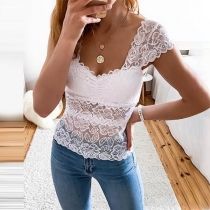 Sexy V-neck Short Sleeve See-through Lace Top