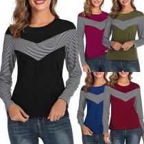 Fashion Striped Spliced Long Sleeve Round Neck T-shirt