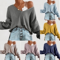 Fashion V-Neck Long Sleeve Solid Color Knit Top