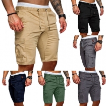 Fashion Solid Color Elastic Waist Side-pocket Men's Knee-length Shorts