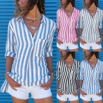 Fashion Long Sleeve POLO Collar Striped Shirt 