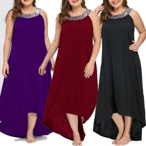 Fashion Sequin Spliced Sleeveless High-low Hem Oversized Plus-size Dress