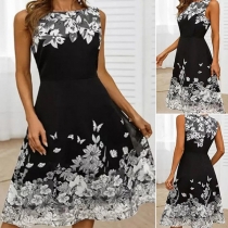 Fashion Round Neck Sleeveless Printed Hem Dress