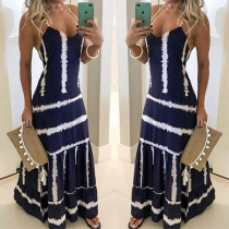 Sexy Backless V-neck Ruffle Hem Striped Sling Dress