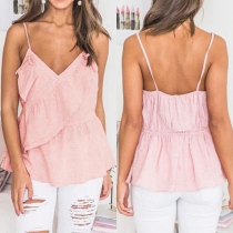 Sexy Backless V-Neck Solid Color Ruffle Sling Top