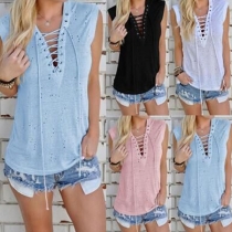 Sexy Lace-up V-Neck Sleeveless Hollow Out Top