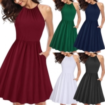 Fashion Solid Color Sleeveless Halter Dress