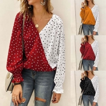 Fashion Contrast Color Long Sleeve V-Neck Dots Printed Top