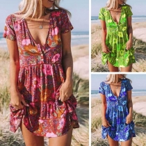 Sexy V-Neck Short Sleeve Printed Mini Dress
