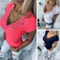 Sexy V-Neck Short Sleeve Lace Spliced T-Shirt