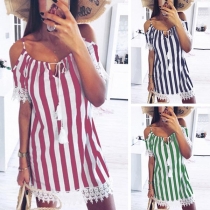 Sexy Off-shoulder Lace Spliced Stripe Sling Dress