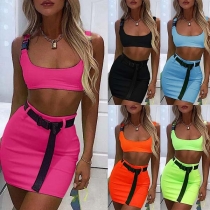 Sexy Solid Color Sleeveless Crop Top + Skirt Two-piece Set