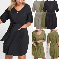 Fashion Solid Color Half Sleeve Front-pocket Dress