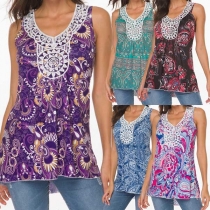 Fashion Sleeveless V-neck Lace Spliced Printed Top
