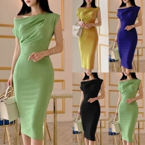 Elegant Solid Color Oblique Shoulder Slim Fit Dress