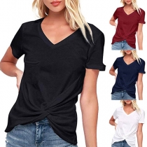 Fashion Short Sleeve V-Neck Twisted Hem Solid Color T-Shirt