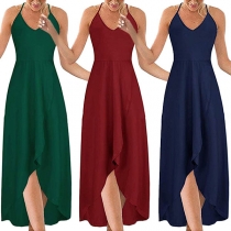 Sexy Backless V-Neck Irregular Hem Sling Dress