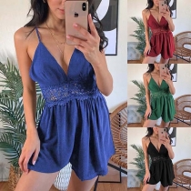 Sexy Backless V-Neck Lace Spliced High Waist Sling Romper
