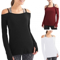 Sexy Backless Off-Shoulder Long Sleeve Solid Color T-shirt 