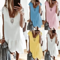 Sexy Lace Spliced Short Sleeve V-neck Ruffle Hem Dress