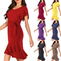 Fashion Solid Color Round Neck Ruffle Hem Dress