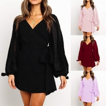 Fashion V-Neck Lantern Sleeve Solid Color Dress