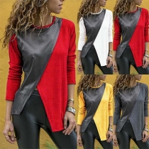 Fashion Long Sleeve Round Neck Irregular Hem Contrast Color T-Shirt