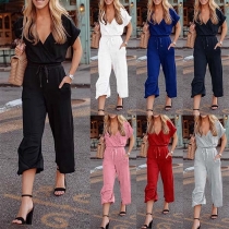 Sexy V-Neck Short Sleeve High Waist Solid Color Jumpsuit