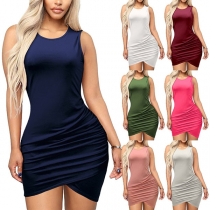 Simple Style Sleeveless Round Neck Irregular Hem Tight Dress