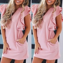 Sexy V-Neck Ruffle Solid Color Dress
