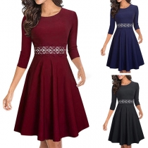 Elegant Solid Color Round Neck Half Sleeve Lace Spliced Dress 