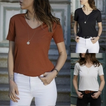 Fashion Solid Color Short Sleeve V-neck T-Shirt