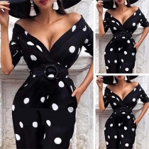 Sexy Deep V-Neck High Waist Slim Fit Dots Printed Dress