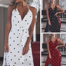 Sexy Backless Deep V-Neck Dots Printed Sling Dress