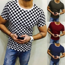 Fashion Round Neck Short Sleeve Man's Checked T-Shirt