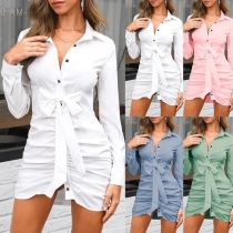 Fashion Solid Color Long Sleeve Wrinkled Shirt Dress