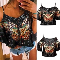 Sexy Off-shoulder Butterfly Printed Trumpet Sleeve Sling Top